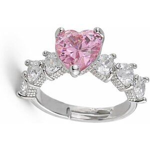 Adjustable Pink Heart Birthstone Ring, Anti-Tarnish Stainless Steel Open Ring